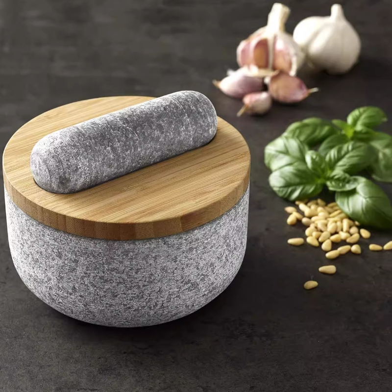 Mortar Pestle Granite - مدقة جرانيت بغطاء من الخيزران، مطحنة
