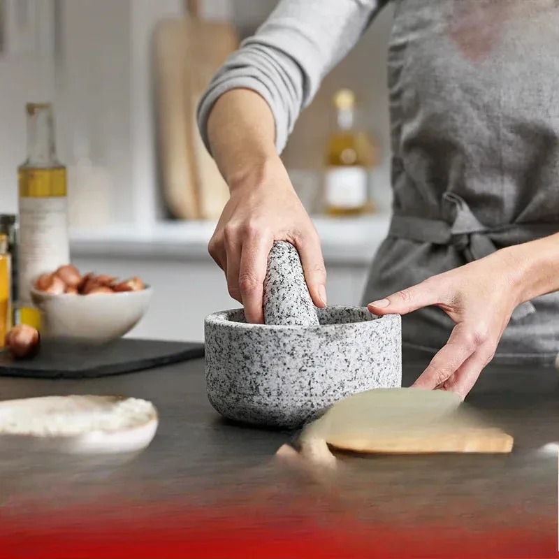هراسة الثوم غطاء الخيزران الجر - مراجعة Mortar Pestle Granite وسعره