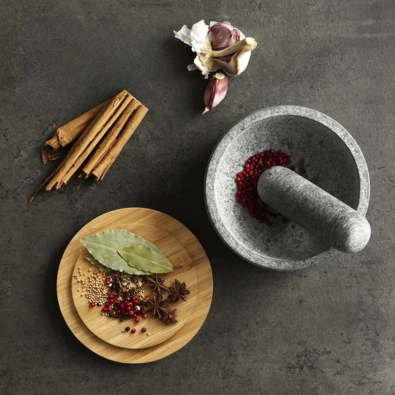 هراسة الثوم غطاء الخيزران الجر - مراجعة Mortar Pestle Granite وسعره